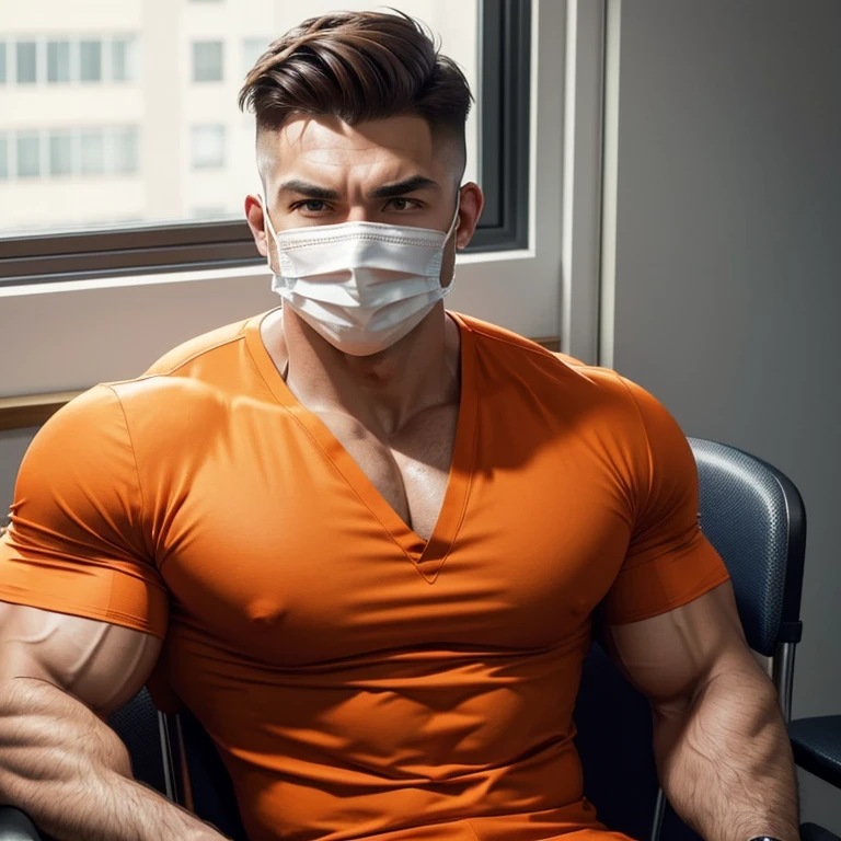 a very handsome man, in a surgeon's mask, with a Mid fade haircut, massively muscular, with massively large muscles, wearing an orange shirt, sitting on a chair in a classroom, seen up close