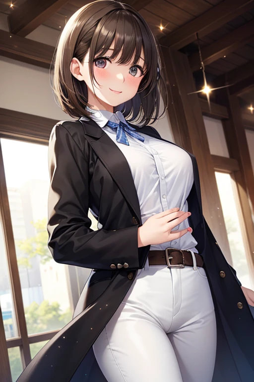 anegasaki nene、Shiny brown hair, short hair, (Beautiful brown eyes、Sparkling eyes, Fine grain)、smile、超Detailed eyes、Highly detailed face, 非常にDetailed eyes,


(high quality, High resolution, Fine details), Cowboy Shot、
break (Black long coat),
 break (White shirt, White pants), 
 Stylish decorations, alone, Curvy Women, Stylish hairstyle, Sparkling eyes, (Detailed eyes:1.2), smile, blush, Sweat, Oily skin, Shallow depth of field
