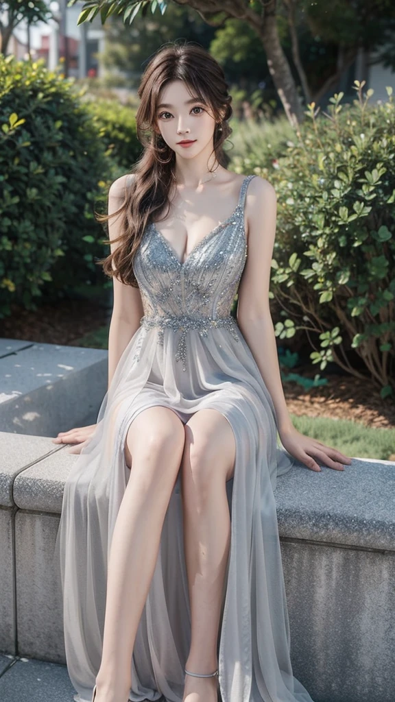 long dress,dress, Asian Beauty，((Visible cleavage)), The warm sunset rays fell on her，((full body)), ((Side sitting，Legs bent at one side)), ((Sit in a relaxed posture，Calf and thigh definition)), ((Shapely legs, Real legs, Smooth legs)), Correct Legs, Anatomically correct，slim body，Very thin，She sat gracefully on the ground，One hand behind the back，The body leans back slightly，Head slightly tilted to one side，Show a charming smile。The skirt flutters gently in the wind，Adds a touch of fantasy。Her face is delicate，Under the long eyelashes are a pair of bright big eyes，The corners of the mouth slightly raised，Appear gentle and confident。Her long hair was casually draped over her shoulders.，A few strands of hair fluttering gently in the breeze。The diagonal composition makes the picture more vivid，The foot is in the lower left corner of the screen，The body and gaze extend to the upper right corner，Creates an elegant diagonal visual effect。