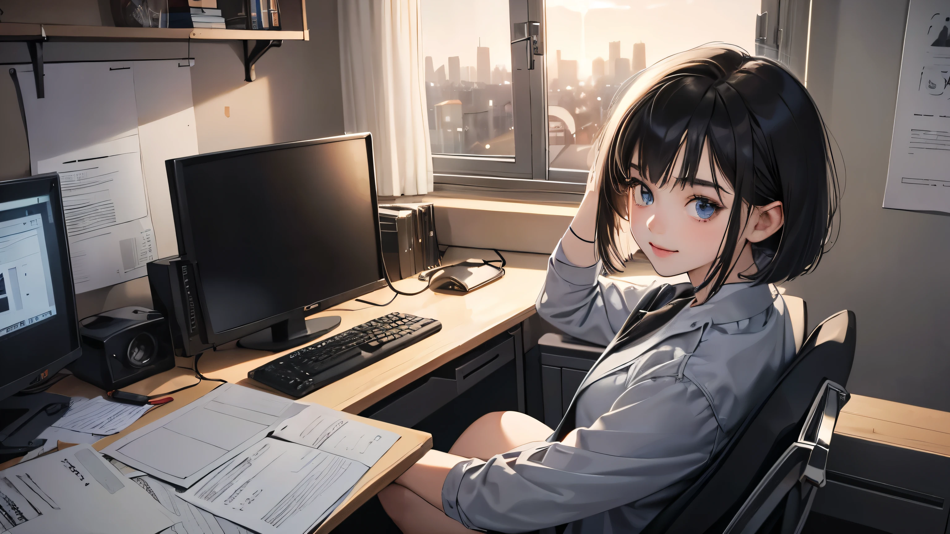 (perfect anatomy:1.2)(absurdres, highres, ultra detailed),masterpiece,best quality,high resolution,8k,Realistic face,Realistic skin texture,magnified textures, stunning clarity,detailed anime girl,(ultra detailed eyes and face),(1 girl:1.7)21years old,she is office worker,smile:1.３,black hair, bob cut,natural make,grey jacket,grey pants,black brouse,,sparkling eyes.small nose,roundface,She sits at her desk, she works a tremendous amount of overtime,No one in the office,midnight,Electricity in the office is almost gone,She works with pc,Outside the window is a night view