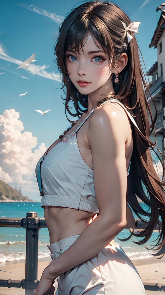 (magical pretty null blue stream overlay scene), (null), (cloud), Soft lighting, Clean background, beautiful null scenery, masterpiece, high quality, Beautiful graphics, High detail,By Thomas Kinkade, Art Station, Sharp focus, Inspiring 8k wallpapers,、24-year-old woman、Sexy proportions、Sexy、Narrow waist、slender、smile