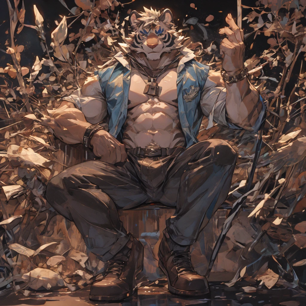 {{bara extremely handsome white tiger student,}} {{white fur,}} white, wearing blazer, trousers, white dress shirt and necktie, white fluffy furry body and limbs, loafers, very tall, very broad shoulders, narrow waist, muscular arms, massive pecs, purple eyes, very long legs, massive bulge, sophisticated hot look, 3/4 view, best quality, leaning on wall, high detail, CG image, character splash art, silver earring on left ear, sultry smirk