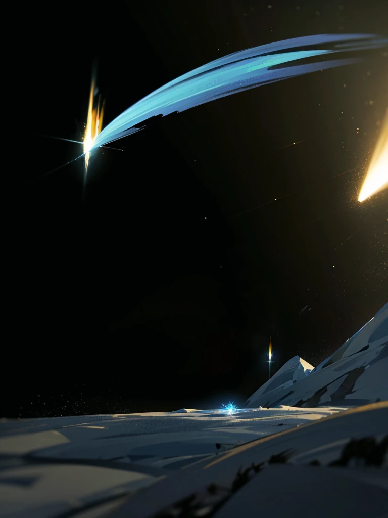 luminous comet streaks across the night sky, its icy nucleus glowing brightly as it hurtles through space. The comet's tail, a stunning display of blue and white, fans out behind it, shimmering with an ethereal light. The background is a deep, velvety black, speckled with distant stars, enhancing the comet's brilliance. The poster captures the comet's motion, creating a sense of awe and wonder, as if it’s painting a celestial masterpiece.