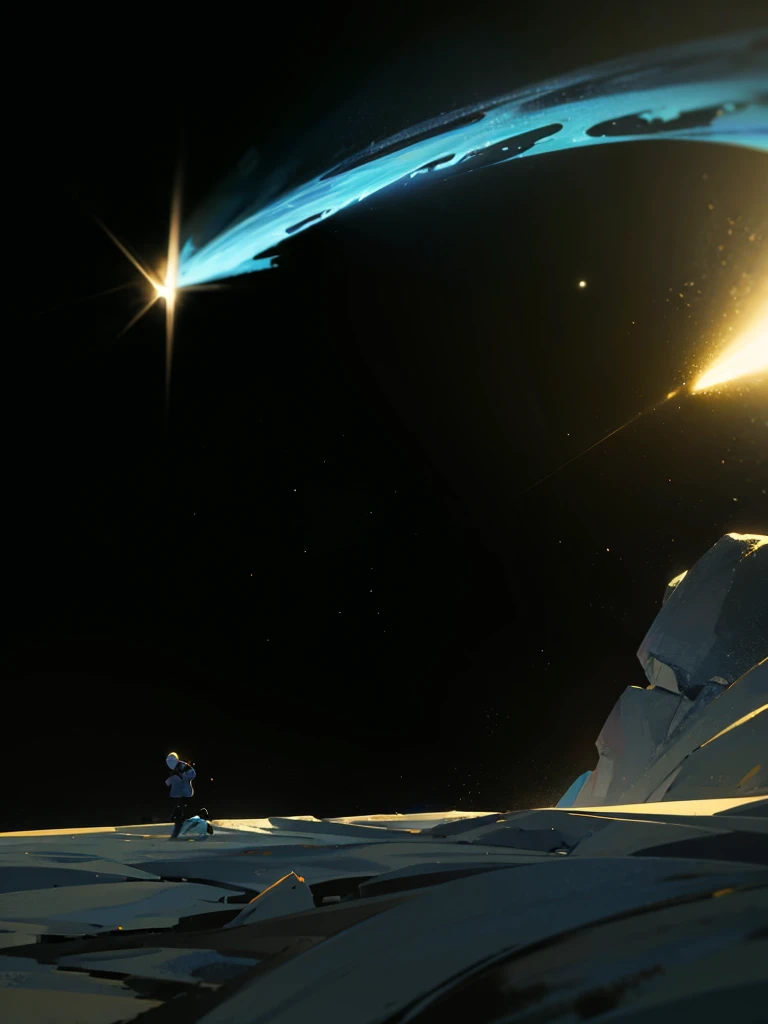 luminous comet streaks across the night sky, its icy nucleus glowing brightly as it hurtles through space. The comet's tail, a stunning display of blue and white, fans out behind it, shimmering with an ethereal light. The background is a deep, velvety black, speckled with distant stars, enhancing the comet's brilliance. The poster captures the comet's motion, creating a sense of awe and wonder, as if it’s painting a celestial masterpiece.