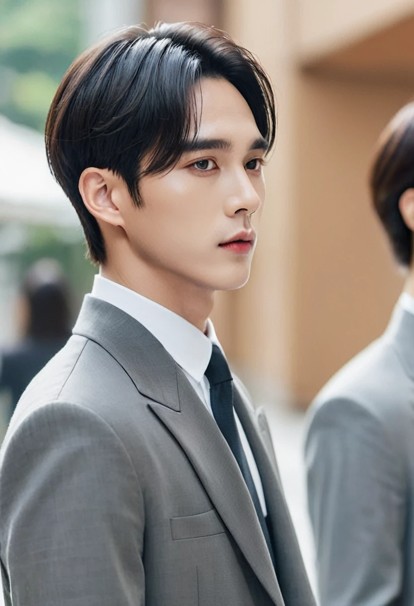 There is a man holding a cell phone in his hand, in your profile, Taejun Kim, Doyoung Kim, side profile portrait, Close-up profile face, left profile, prominent jawline, Sharp jawline, side profile shot, Profile Pose, Slightly defined jawline, well defined jawline, side view, Lee Won Bin, korean artist, Close-up profile