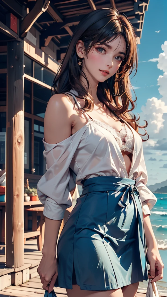 masterpiece,((Clear lines)),  Limited edition palette,Highest quality, Flat Color, Low contrast, ((One girl)),(((Very delicate and beautiful girl))),(Beautifully detailed face),(Beautiful attention to detail),{Long Hair},hair ornaments,((Middle chest)),Long black hair,Hair Ribbon, , Are standing,((View your viewers:1.6)), View from below,Beautifully detailed skies,Bright sky,Cloudy,sunlight, (Detailed Light),Lighting,colorful,Ocean,Beach, bridge,The way to school,Skyscraper, autumn, mist、Lace-up sandals