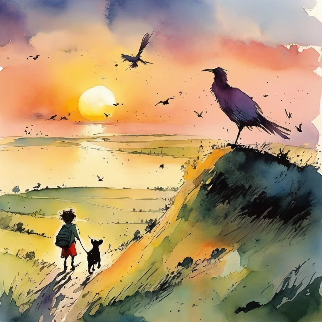 Quentin Blake style photo 、sunset、animals、way home、portraite、high resolution、shadow step、highest quallity、work of art、very detailled
