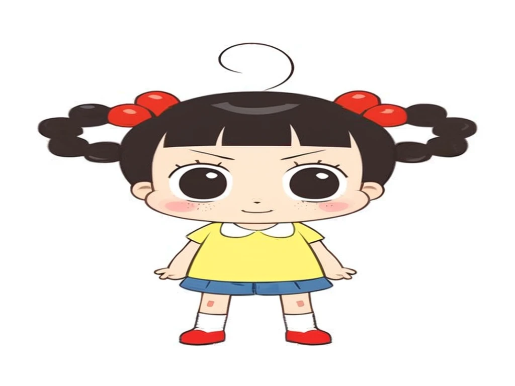 a woman has two ponytails and a red hair tie and red cheeks, a yellow shirt and red trousers and white socks and red shoes