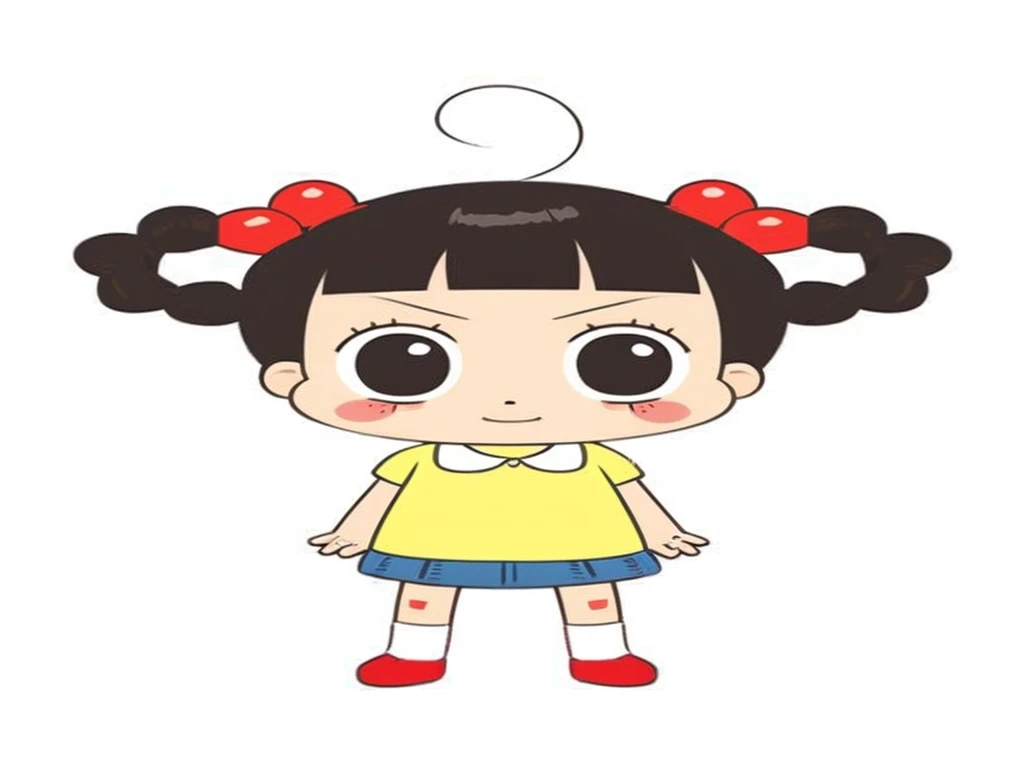 a woman has two ponytails and a red hair tie and red cheeks, a yellow shirt and red trousers and white socks and red shoes
