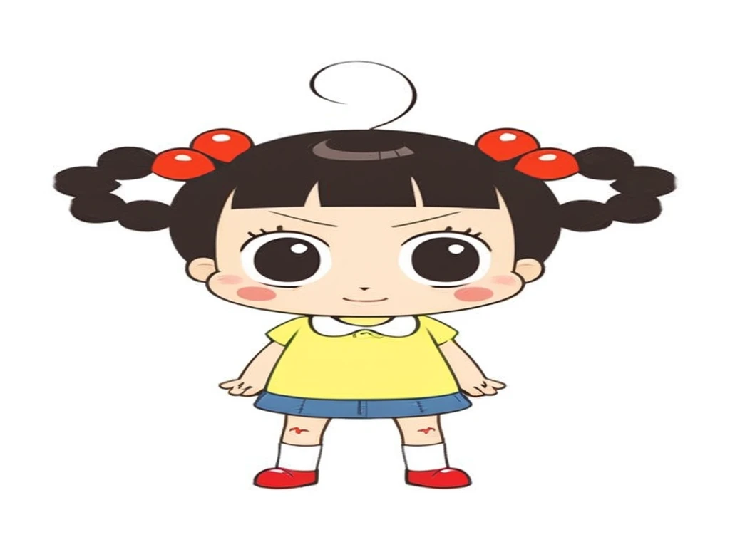 a woman has two ponytails and a red hair tie and red cheeks, a yellow shirt and red trousers and white socks and red shoes