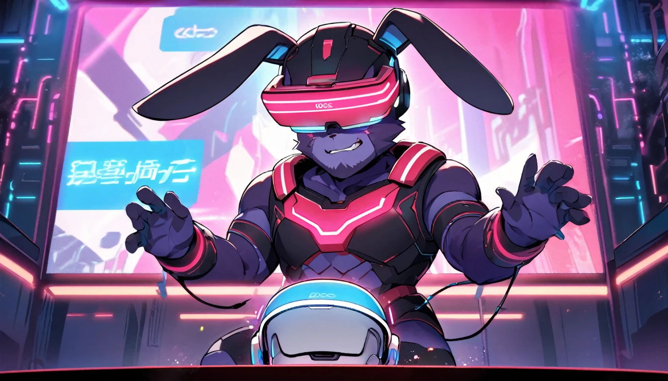 Boss Rabbit has dark purple fur, wears VR glasses, and has a scar on his cheek. glow wire and a neon sci-fi robot suit Behind it is a robot with neon lights. The background image is a large, clearly visible robot. On stage giving a speech