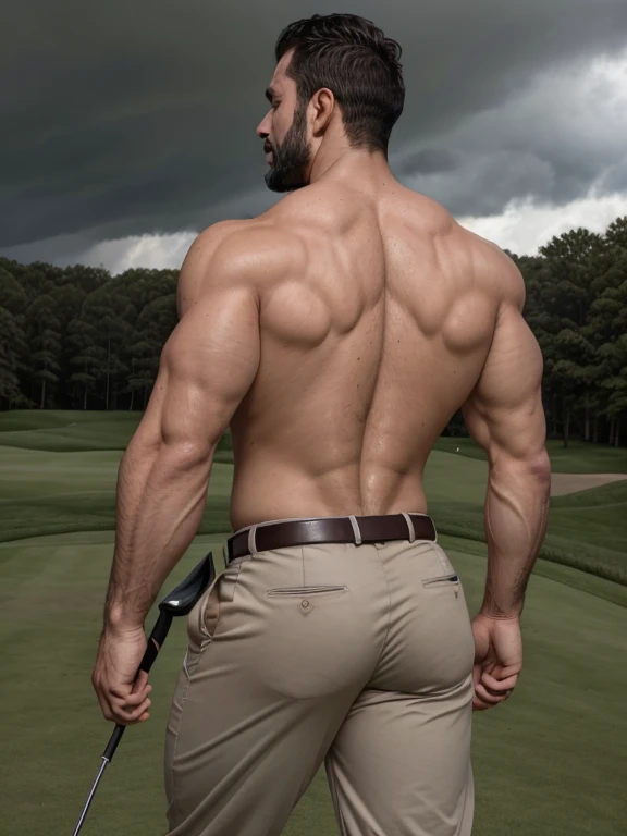 Masterpiece, Best Quality, High resolution, close-up portrait, (1 chico:1.4) A man in golf pants with belt, muscular, shirtless, male focus, focus alone, tanned skin, 38-year-old man in golf course., muscular, strong, furry, masculine, (shirtless: 1.2), in the background a farm, in a storm, amazing composition, back view, HDR, volumetric lighting, (plano general, FROM THE BACK:1.2) (GS-Macho :1.5) (magnificent landscape:1.2), macho, thick forearms, thick arms, huge thighs, large hips, big and round butt