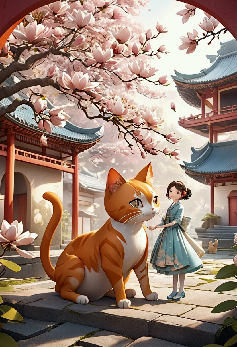 A giant orange cat，with long tail，Whimsical surreal 3D rendering, Thick hair, Located in an ancient, Well-designed buildings. The cat gazes lovingly at a young woman in an exquisite dress, Decorated with magnolia flower pattern. woman, With a bright smile, Gently grasp the cat&#39;s front paws, The red wall behind them is decorated with delicate magnolia flowers.. The whole scene exudes a dreamy, Magical atmosphere, reminiscent of an Japanese cartoons-inspired fantasy., 3D Rendering, Japanese cartoons