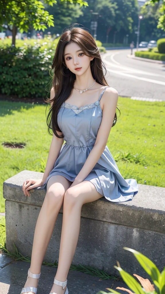 Sweet girl clothes2,pearl necklace,blue dress,flower, , Asian Beauty,((Visible cleavage)), The warm sunset rays fell on her,((full body)), ((Side sitting,Legs bent at one side)), ((Sit in a relaxed posture,Calf and thigh definition)), ((Shapely legs, Real legs, Smooth legs)), Correct Legs, Anatomically correct,slim body,Very thin,She sat gracefully on the ground,One hand behind the back,The body leans back slightly,Head slightly tilted to one side,Show a charming smile。The skirt flutters gently in the wind,Adds a touch of fantasy。Her face is delicate,Under the long eyelashes are a pair of bright big eyes,The corners of the mouth slightly raised,Appear gentle and confident。Her long hair was casually draped over her shoulders.,A few strands of hair fluttering gently in the breeze。The diagonal composition makes the picture more vivid,The foot is in the lower left corner of the screen,The body and gaze extend to the upper right corner,Creates an elegant diagonal visual effect。