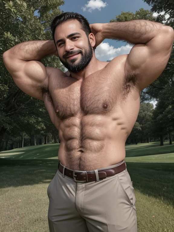 Masterpiece, Best Quality, High resolution, close-up portrait, (1 chico:1.4) A man in golf pants with belt, muscular, male focus, focus alone, tanned skin, 38-year-old man in golf course, muscular, strong, furry, masculine, shirtless, in the background a farm, natural lighting, amazing composition, front view, HDR, volumetric lighting, (plano general, FROM THE FRONT:1.2) (GS-Macho :1.5) (magnificent landscape:1.2), macho, thick forearms, thick arms, huge thighs, charming smile, winking at camera, raunchy, scruff, hairy, hairy armpits