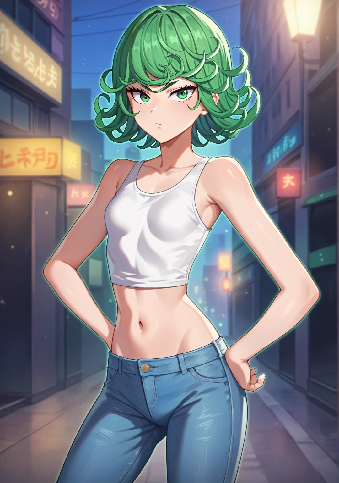 score_8_up, score_7_up, score_6_up, score_5_up, score_4_up, anime screenshot, looking at viewer, upper body,
1girl, tatsumaki, green hair, green eyes,midriff short hair, straight hair, thighs, looking at viewer,
white cropped tank top, jeans,
BREAK
standing, looking at viewer, city,