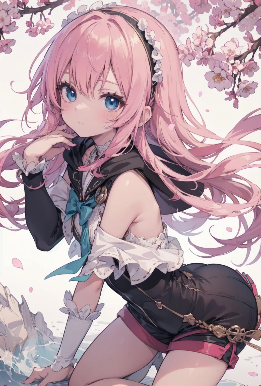 ((Extremely accurate drawing with fine details)Extremely accurate depiction)[High resolution],(detailed illustrations,Very detailed and precise drawing,Delicate lines drawn with perfect tempo,Realistic texture expression),[Color traced main lines],[Spring Park [Tree-lined street]],(Hentai Anime Girl (cute) 14 years old, skinny) (Light pink hair [Straight hair]) ((Magical girl)),([cherry blossoms] head band) Low-rise shorts (Short Cape (Off the shoulder) [lace ruffle ribbon]) [Half Cut Boots:0.8],[Silk Fabric],Transparency [Soft Ambient Light] gravure [colorful],(Intricate and beautiful decoration [Intricate details]),(Fine and beautiful skin expression [Transparency]),((Precisely drawn eyes))[完璧な目のdetailed((Beautiful eyes like jewels)Precisely drawn iris)[Clearly defined pupils]],[Eye light[Pinpoint lighting for the eyes]],[Long and beautiful eyelashes],[Precisely drawn hair [美しく艷やかな髪のdetailed]],(完璧な手のdetailed [Beautiful fingers without damage [Beautiful nails]]),(Perfect Anatomy(Perfectly balanced ratio))[[Full body portrait]],[Ideal color coordination(Accurate simulation of light-matter interactions)],([Precision in the details](detailed,High resolution)),[[Soft and gentle colors]][Visual arts that tell stories].