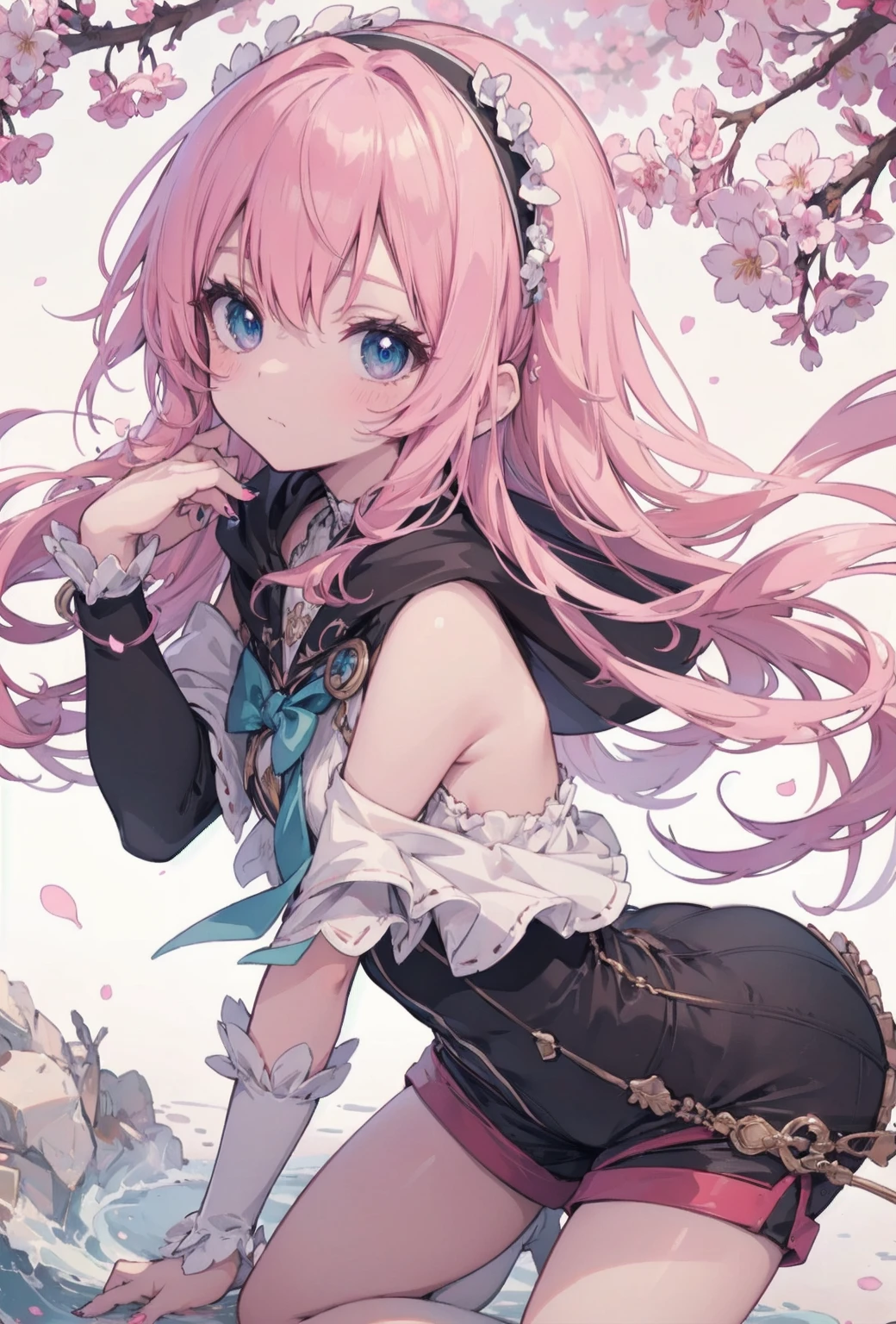 ((Extremely accurate drawing with fine details)Extremely accurate depiction)[High resolution],(detailed illustrations,Very detailed and precise drawing,Delicate lines drawn with perfect tempo,Realistic texture expression),[Color traced main lines],[Spring Park [Tree-lined street]],(Hentai Anime Girl (cute) 14 years old, skinny) (Light pink hair [Straight hair]) ((Magical girl)),([cherry blossoms] head band) Low-rise shorts (Short Cape (Off the shoulder) [lace ruffle ribbon]) [Half Cut Boots:0.8],[Silk Fabric],Transparency [Soft Ambient Light] gravure [colorful],(Intricate and beautiful decoration [Intricate details]),(Fine and beautiful skin expression [Transparency]),((Precisely drawn eyes))[完璧な目のdetailed((Beautiful eyes like jewels)Precisely drawn iris)[Clearly defined pupils]],[Eye light[Pinpoint lighting for the eyes]],[Long and beautiful eyelashes],[Precisely drawn hair [美しく艷やかな髪のdetailed]],(完璧な手のdetailed [Beautiful fingers without damage [Beautiful nails]]),(Perfect Anatomy(Perfectly balanced ratio))[[Full body portrait]],[Ideal color coordination(Accurate simulation of light-matter interactions)],([Precision in the details](detailed,High resolution)),[[Soft and gentle colors]][Visual arts that tell stories].