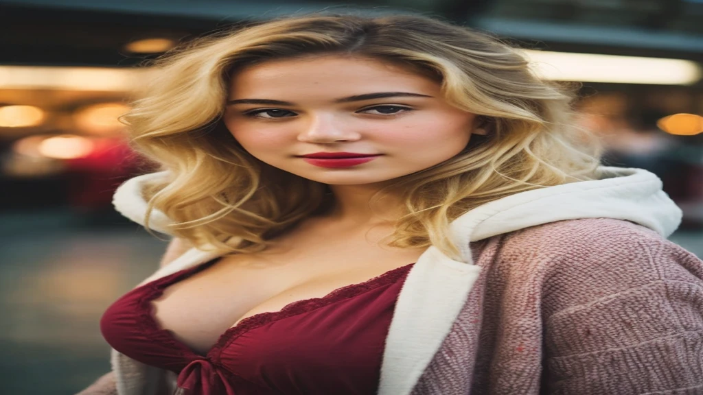 ((best quality)), ((masterpiece)), (detailed), (a full photograph of a beautiful 15-year-old girl, (Smiling:0.5), (Highly detailed face:1.4), Nikon D850, film stock photograph, 4 Kodak Portra 400, camera f1.6 lens, saturated colors, hyper realistic, lifelike texture, dramatic lighting, Cinestill 800, Vintage lighting, Medium curly hair, perfect face , (masterpiece, mid angle wide-shot, high quality), (full-body portrait:1.1), solo, wearing ultra detailed cloths, standing in a shopping mall, holding trolly, blonde hair, brown eyes, red lipstick, red eye shadow, blush, ( blonde hair:1.3), 18 years old:1.3), sexy, pure innocence, (light smile:1:1), in love, red cargo pants with white hoodie, deep cleavage, huge breast, huge behind, detailed natural skin texture, seductive gaze, detailed lighting, (wine Red:1.1) , shallow depth of field, romantic sitting, dreamy pastel palette, whimsical details, captured on film, (intricate details:0.5), Her skin is a flawless deep honey, exuding a natural glow, photorealistic woman, flower dress, colorful, darl background, Romance_Fantasy theme, exposure blend, full shot, bokeh, (hdr:1.4), high contrast, (muted colors, vibrant colors, soothing tones:1.3), low saturation , crowded place , enjoying