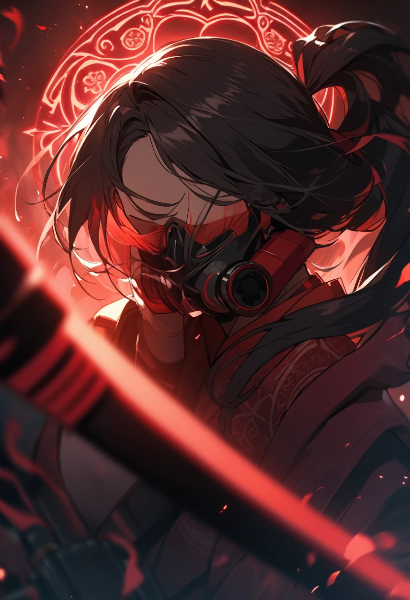 A woman,matured, perfect anatomy, high tech gas mask fully covering her face,long pony tail hair(black hair),red aura,red magic circle,long samurai sword,closeup cinematic lighting, cinematic angle,side view