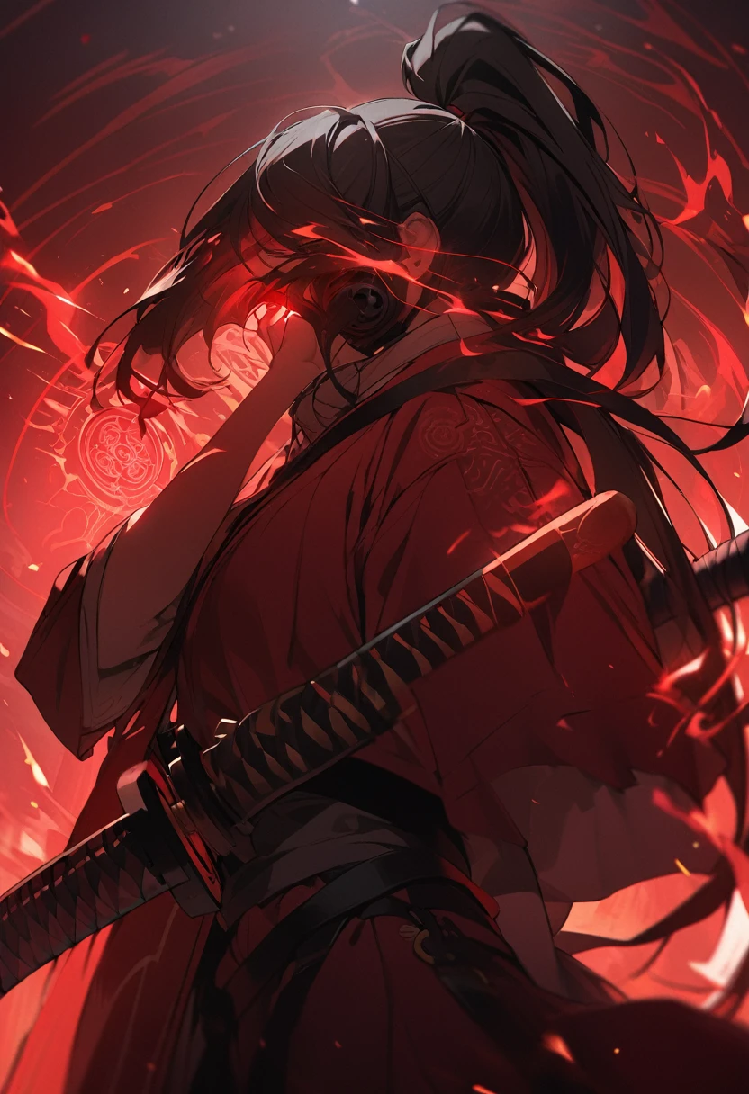 A woman,matured, perfect anatomy, high tech gas mask fully covering her face,long pony tail hair(black hair),red aura,red magic circle,long samurai sword,closeup cinematic lighting, cinematic angle,side view