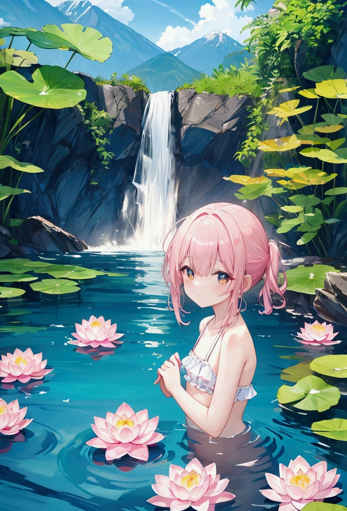 Blooming pink water lotuses, realistic, precision
beautiful, lake, bright blue transparent water, swimming in the water,
 small 2 goldfish, against the backdrop of mountains and a clear waterfall, hd,4k
