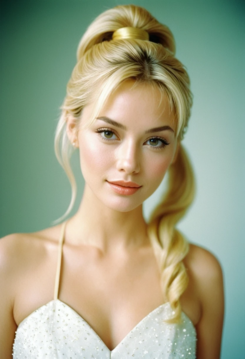 Blonde Blonde Hair　Ponytail Hair Set　Celebrity 、The most beautiful woman in a bright space　Wearing a dress 　Party Dresses　Cosmetic Beauty　Beauty　Beautiful woman　 young woman　Beauty　 Film Stock Photos ,4. Kodak portra 400 ,Camera F1.6 Lenses ,,Hyper-realistic ,Realistic texture, Dramatic Lighting , cinestill 800,Beautiful woman&#39;s high-definition RAW photo delicate　Studio Light Young Woman　High Resolution Studio Light Studio Light　Caucasian　French　Italian　Ukrainian　Swiss
