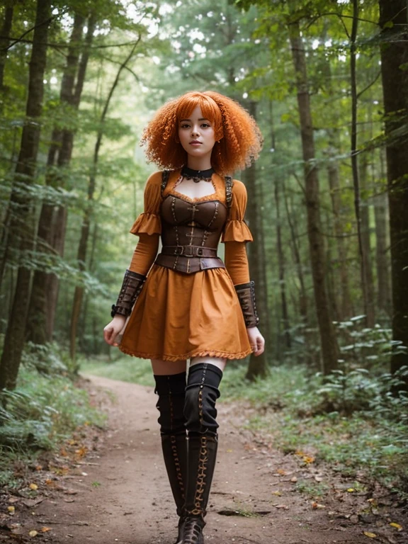 17 year old girl, Lovely, orange hair, Very short, Very curly, slim, flat bust, with freckles on the face, with slavic features, steampunk dress, Whole body, two hands, shows her pretty legs, In the woods.