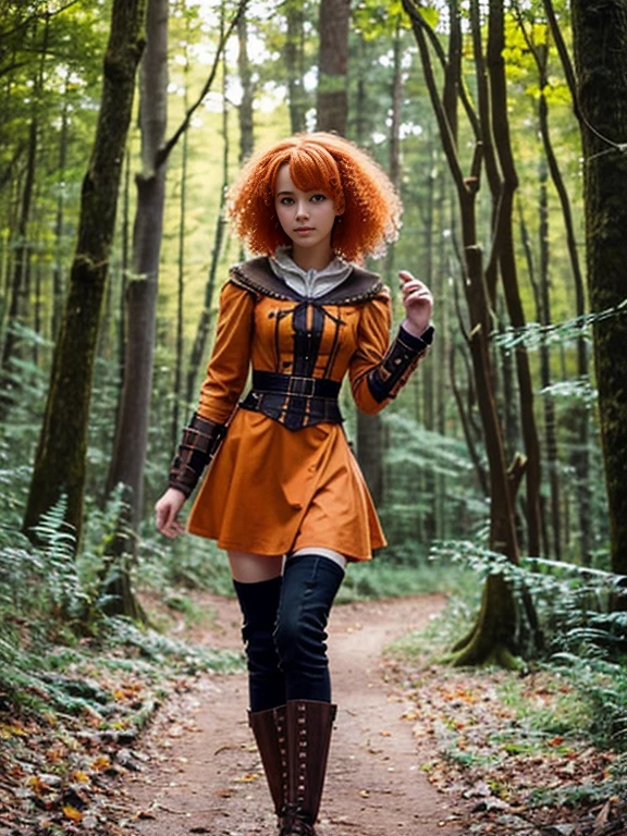 17 year old girl, Lovely, orange hair, Very short, Very curly, slim, flat bust, with freckles on the face, with slavic features, steampunk dress, Whole body, two hands, shows her pretty legs, In the woods.