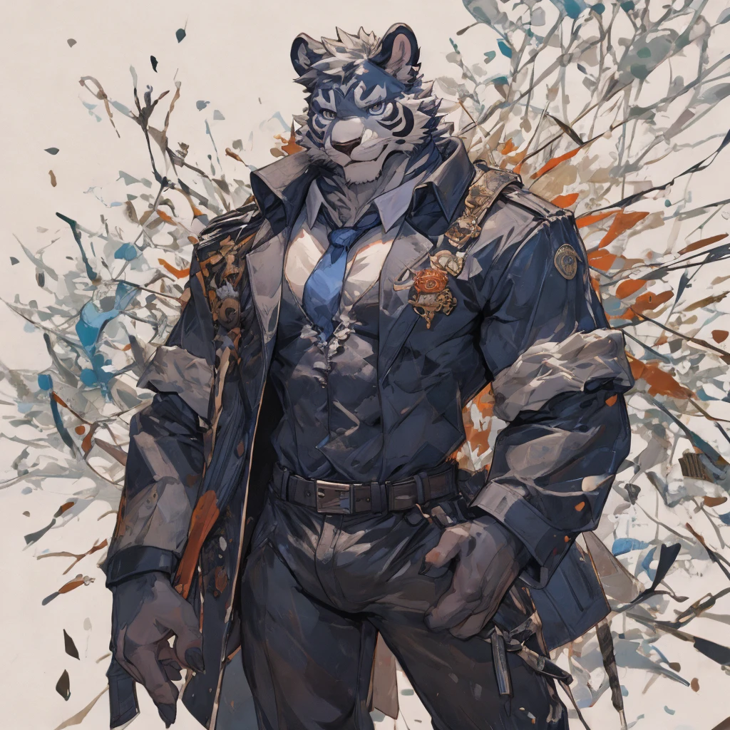 {{bara extremely handsome white tiger,}} {{white fur,}} white, wearing elegant ornate suit jacket, trousers, white dress shirt and necktie, white fluffy furry body and limbs, loafers, very tall, very broad shoulders, narrow waist, muscular arms, massive pecs, purple eyes, very long legs, massive bulge, sophisticated hot look, 3/4 view, best quality, high detail, CG image, character splash art, silver earring on left ear, sultry smirk