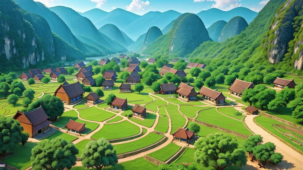 Beautiful scenery of ancient Vietnamese village. Aerial view, Photorealistic photos, High definition.