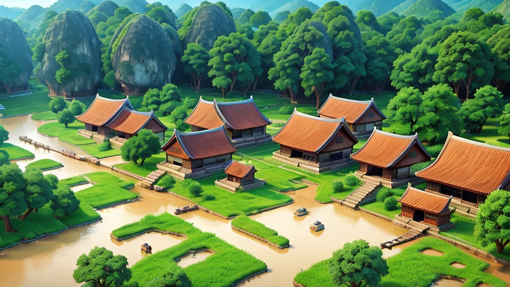 Beautiful scenery of ancient Vietnamese village. Aerial view, Photorealistic photos, High definition.
