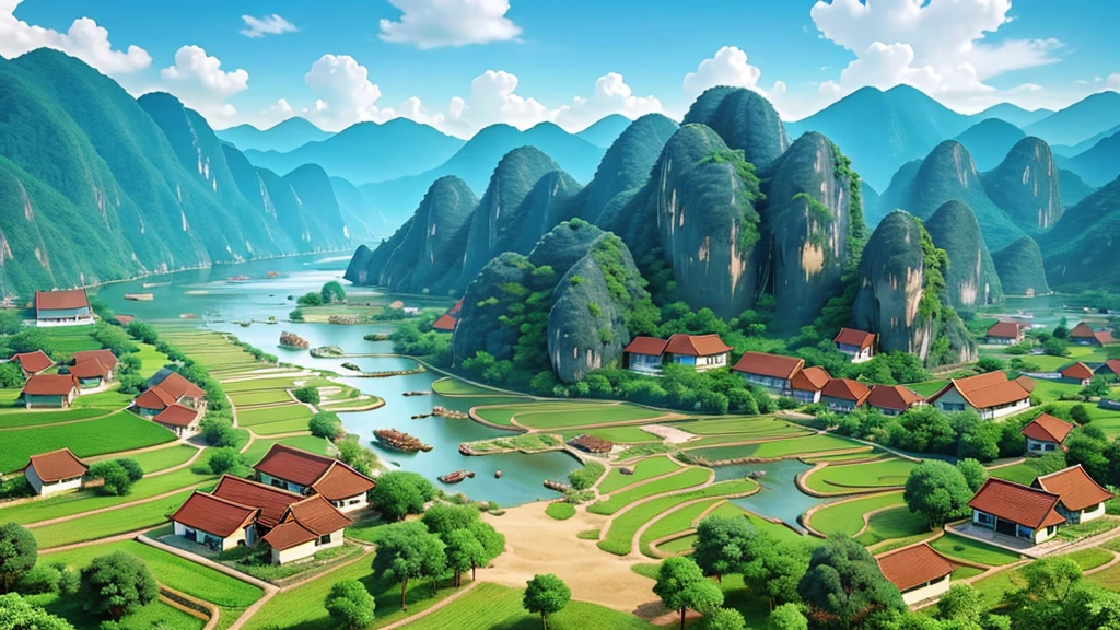 Beautiful scenery of ancient Vietnamese village. Aerial view, Photorealistic photos, High definition.