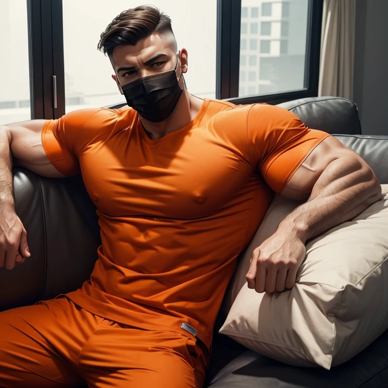 a very handsome man, with a surgeon's mask, with a Mid fade haircut, massively muscular, with massively large muscles, wearing an orange shirt, lying on a sofa, seen up close