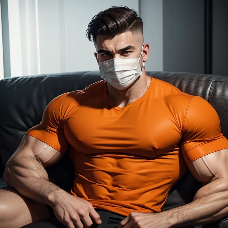 a very handsome man, with a surgeon's mask, with a Mid fade haircut, massively muscular, with massively large muscles, wearing an orange shirt, lying on a sofa, seen up close