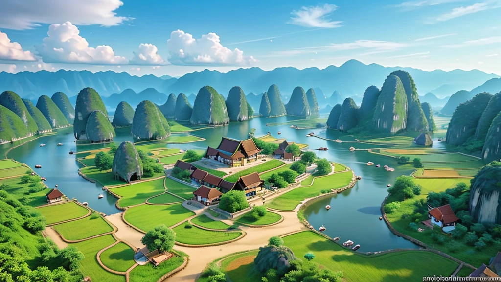 Beautiful scenery of ancient Vietnamese village. Aerial view, Photorealistic photos, High definition.