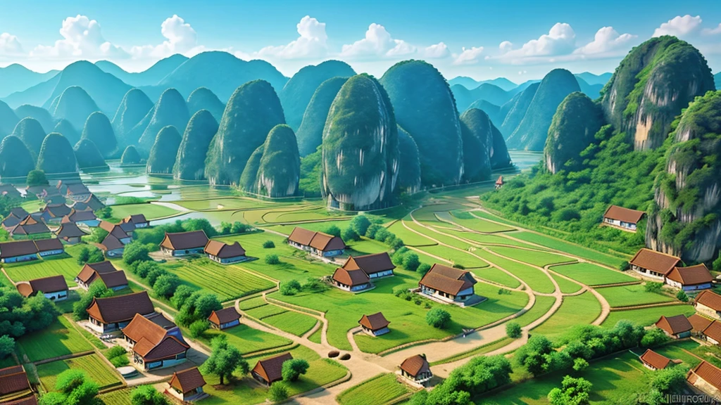 Beautiful scenery of ancient Vietnamese village. Aerial view, Photorealistic photos, High definition.