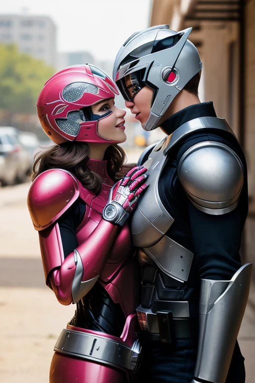 ((best quality)), ((masterpiece)), (detailed), 1 boy, power ranger helmet, robocop armor, handsome beautiful young man, 1 girl, beautiful woman slapping on cheek, boy, knocked down