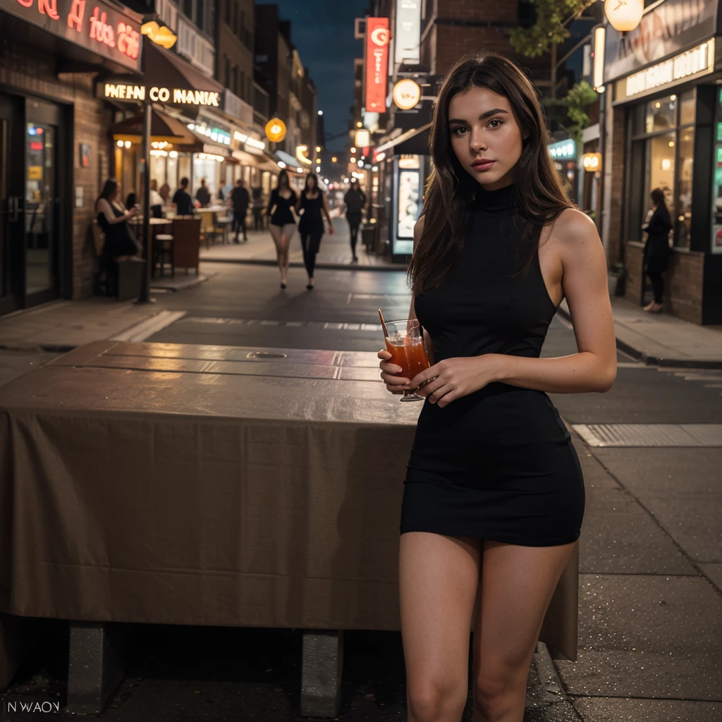 In 8K, Raw-Photo, Best quality, Masterpiece: 1.2), a stunning brunette, 25-year-old influencer/model, cityscape, night lights, cocktail dress