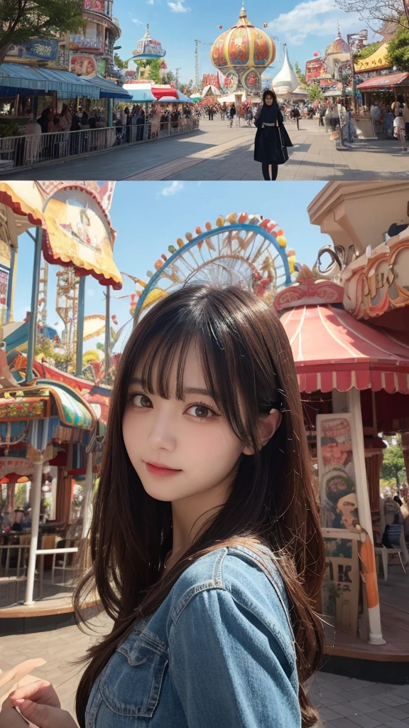 masutepiece, Best Quality, Illustration, Ultra-detailed, finely detail, hight resolution, 8K Wallpaper, Perfect dynamic composition, Beautiful detailed eyes, An amusement park,One woman