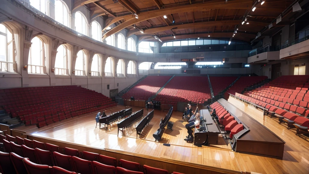 concert hall , few people watching,completly indoor