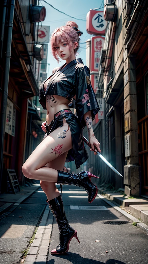 offcial art,extremely detailed CG Unity 8k wallpapers,optimal quality,masterpaintings,high resolucion,Pretty girl ninja,short-cut hair,Black cut top leather armor,Brown belt,Scabbards on thighs,Japanese knife,Leather gloves,Black mini leather skirt,Black over-the-knee flat boots,Tight Leather,whole body photos,Melon face,Small face,Fall to the ground,The skirt leaks, spread legswide,No Panty,bloods,Bloody scars on the stomach,roll of eyes,Blood at the corners of the mouth,Stick out your tongue,wounded in fight,killed in fight,