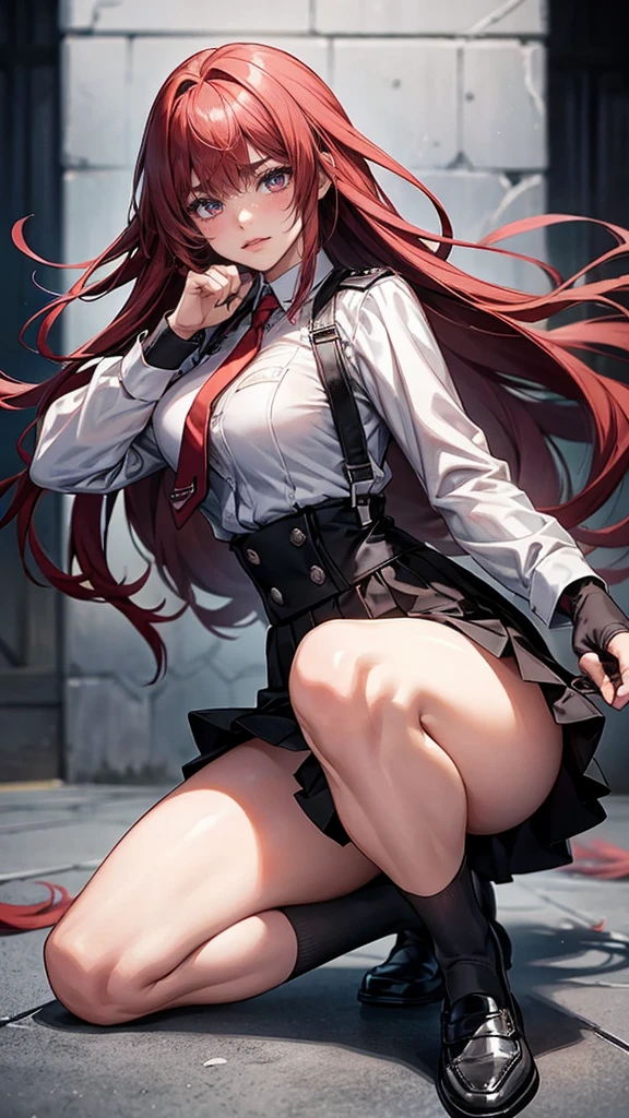 {{masterpiece}}, {{{Highest quality}}},{{Very detailed}}, {{figure}},{{tall}},{{Adult female}},,{{Fighting stance}},{from side},{{Long sleeve mini skirt uniform}},{on one knee{}},}}{}},{fighting stance}},{},{}, ,{{}},{{Eyelet foot}},,{{blushing with anger}},{{}},,{{}},{{}},,Slender body}}{{Avoidance}}{{Female police officer}},,,,suspenders ,Long sleeve mini skirt uniform, White High Socks,Black fingerless gloves, Long Red Hair, Red tie,Straight hair ,Blunt bangs,Thigh holster,.amountn loafer,,blush,Wrinkles ,amount,Grit your teeth,suffering,v-shaped eyebrows.,Sweat dripping,Medium chest ,get annoyed,,Slums,,Twisting,