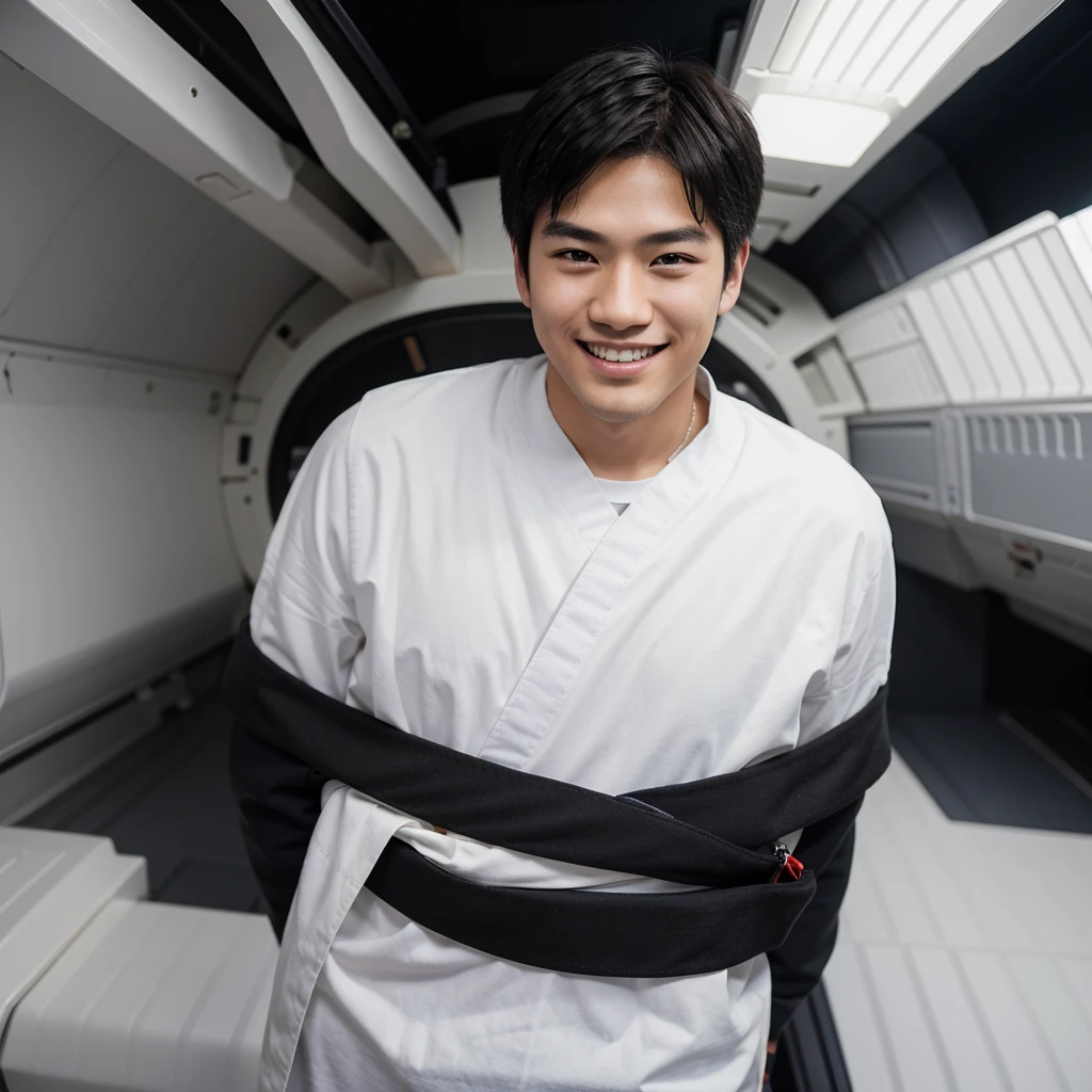 Best quality, A Japanese boy with,White background,Smiling,Medium telephoto lens,ultraclear,ultra - detailed(half-body portrait),25 year old handsome male, black hair, (full body),