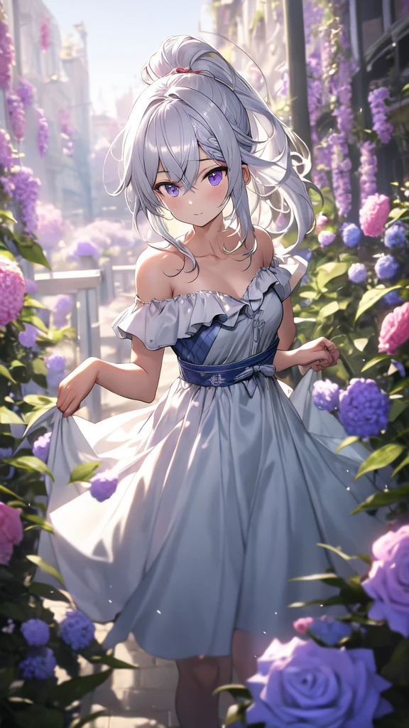 (masterpiece, best quality:1.2), (absurdres, highres, ultra-detailed), (perfect anatomy), BREAK , 1girl, ponytail ,white hair, purple eyes, (dress:1.3), medium breasts, collarbone, flowers and petals, (illustration:1.1), (perfect details:1.1), landscape, background, rose, abstract, , BREAK , -