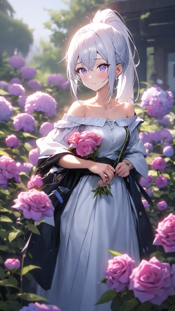 (masterpiece, best quality:1.2), (absurdres, highres, ultra-detailed), (perfect anatomy), BREAK , 1girl, ponytail ,white hair, purple eyes, (dress:1.3), medium breasts, collarbone, flowers and petals, (illustration:1.1), (perfect details:1.1), landscape, background, rose, abstract, , BREAK , -