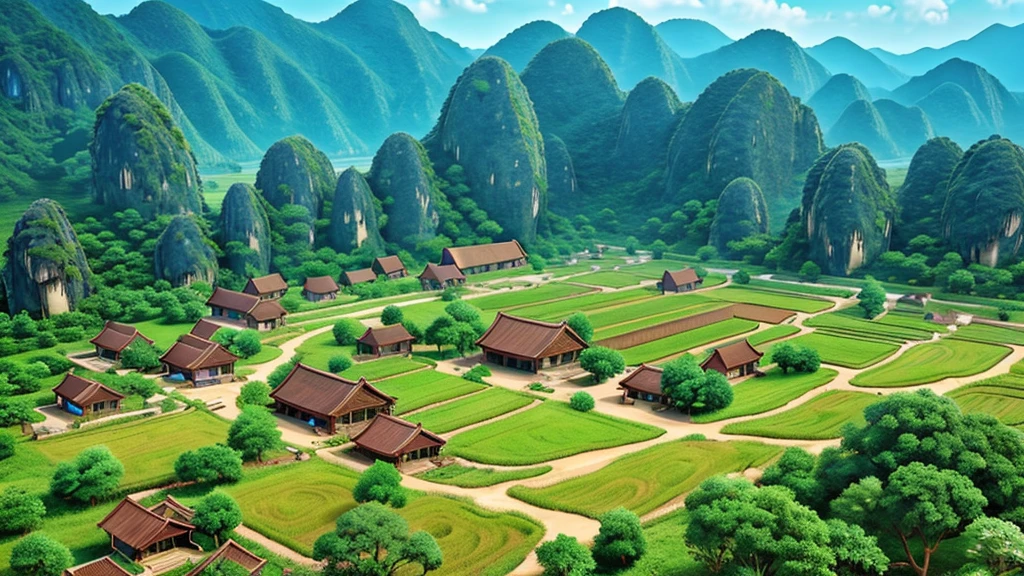 Beautiful scenery of ancient Vietnamese village. Aerial view, Photorealistic photos, High definition.