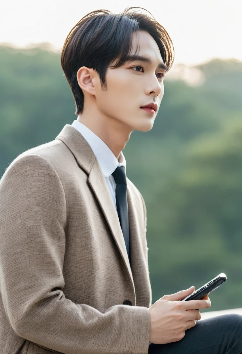 There is a man holding a cell phone in his hand, in your profile, Taejun Kim, Doyoung Kim, side profile portrait, Close-up profile face, left profile, prominent jawline, Sharp jawline, side profile shot, Profile Pose, Slightly defined jawline, well defined jawline, side view, Lee Won Bin, korean artist, Close-up profile