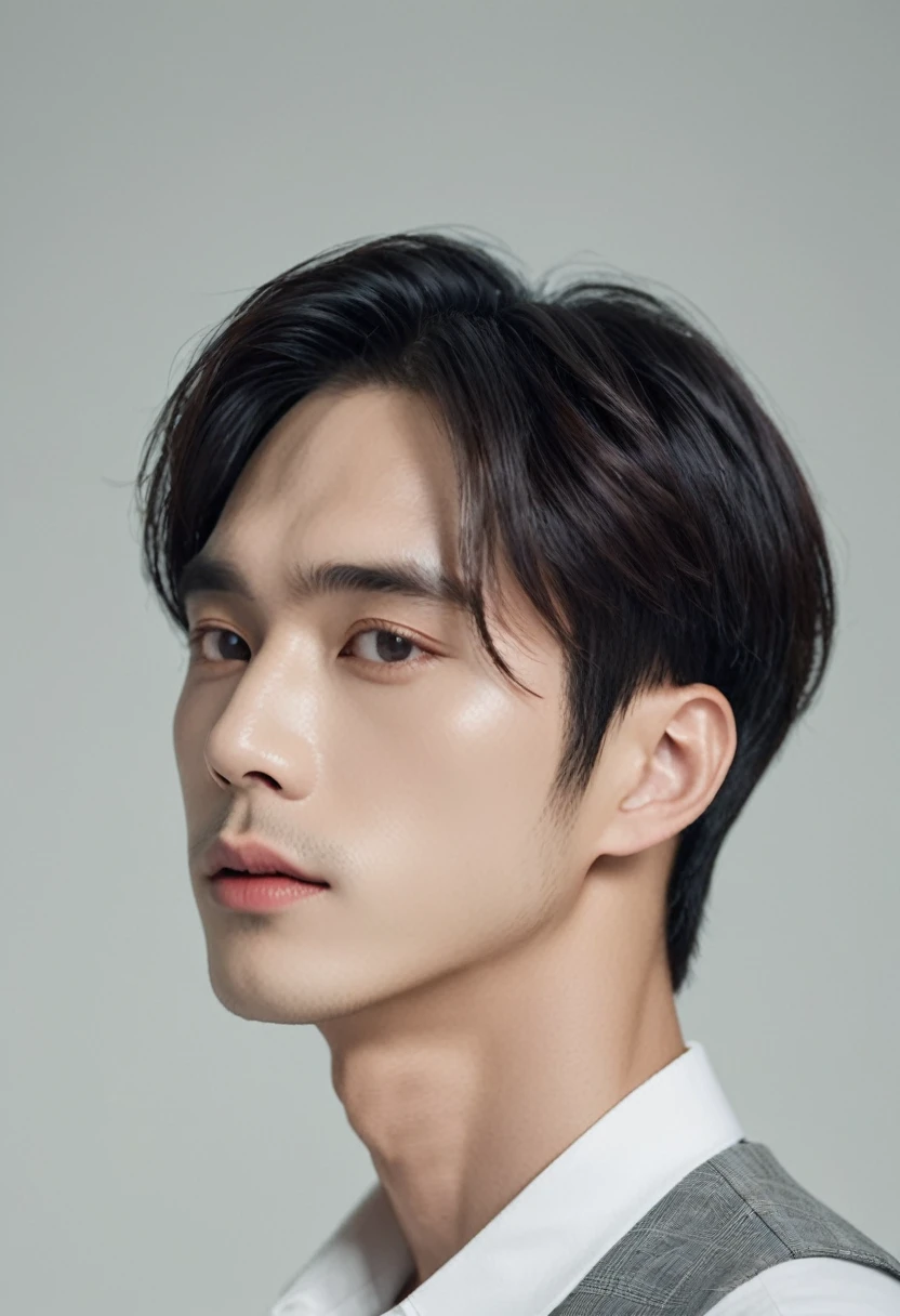 There is a man holding a cell phone in his hand, in your profile, Taejun Kim, Doyoung Kim, side profile portrait, Close-up profile face, left profile, prominent jawline, Sharp jawline, side profile shot, Profile Pose, Slightly defined jawline, well defined jawline, side view, Lee Won Bin, korean artist, Close-up profile