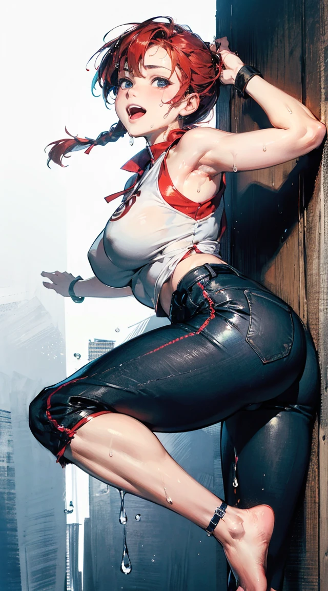 RanmaChan, cabello rojo, Cabello con trenza, ojos azules, ojos detallados, cuerpo completo, pose open door masterpiece, ultra quality, Beautiful detailed, extremely detailed,16K, exquisite, absurdity, highres, Beautiful background, Beautiful eye, Beautiful skin, anime style, 1girl, solo, looking at viewer, upper body focus, :1.5))), huge breasts, big ass, red_hair, single braids BREAK Ranma red_shirt, ranma black_pants, Black_kung fu_shoes BREAK cameltoe, cheeky smile, wide open mouth, double teeth, cheeky girl, dynamic pose, ( Kick with one leg raised high: 1.3), (I-shaped balance: 1.1), detailed hands, detailed feet, perfect anatomy, (sweat droplets: 1.5), outdoor, pine, Togenkyo,((masterpiece)), high quality, very_high_resolution, large_filesize, full color, heavy outline, clear outline, colorful, (beautiful detailed eyes), (beautiful face:1.3), (boyish face), 1 girl, (femaleranma), (red hair), short hair, (braided ponytail), ((bangs)), bumpy bangs, blue-gray eyes, big breasts, curvy, black-wristbands, femaleranma, braided ponytail, chinese clothes, sleeveless, tangzhuang, black pants, cameltoe, standing, upper body, front view, (8k, RAW photo, best quality, masterpiece:1.2), RanmaChan, RanmaRedShirt, blue pants (masterpiece, best quality:1.2), 1 girl, Solitary